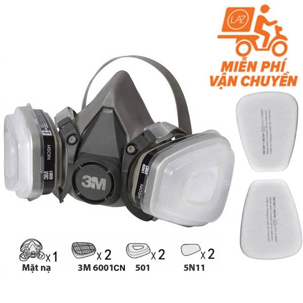 Bộ mặt nạ phòng độc 3M 6200 + Phin lọc 3M 6001CN Bộ Full 7 chi tiết kèm thêm 2 tấm lọc 3M 5N11, chống virus, chống bụi siêu mịn PM2.5, khói, phun sơn, Phun thừ sâu, phòng chống độc khói đám cháy chung cư, toà nhà, quán karaoke