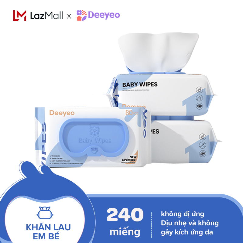 Deeyeo Khăn giấy ướt chuyên dụng dùng để lau tay và miệng cho bé 3 gói (240 miếng) (NGÀY SỬ DỤNG: 04/05/2025)