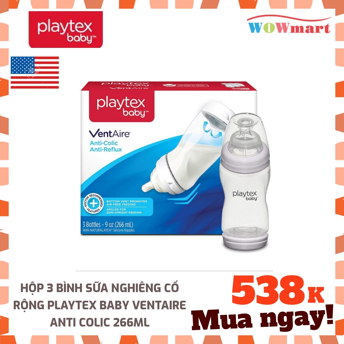 Hộp 3 bình sữa nghiêng cổ rộng Playtex Baby Ventaire Anti Colic 266ml -