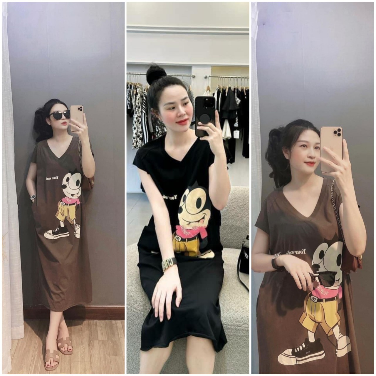 Váy suông dáng dài cổ tim mickey , đầm suông nữ cộc tay cổ tim cá tính
