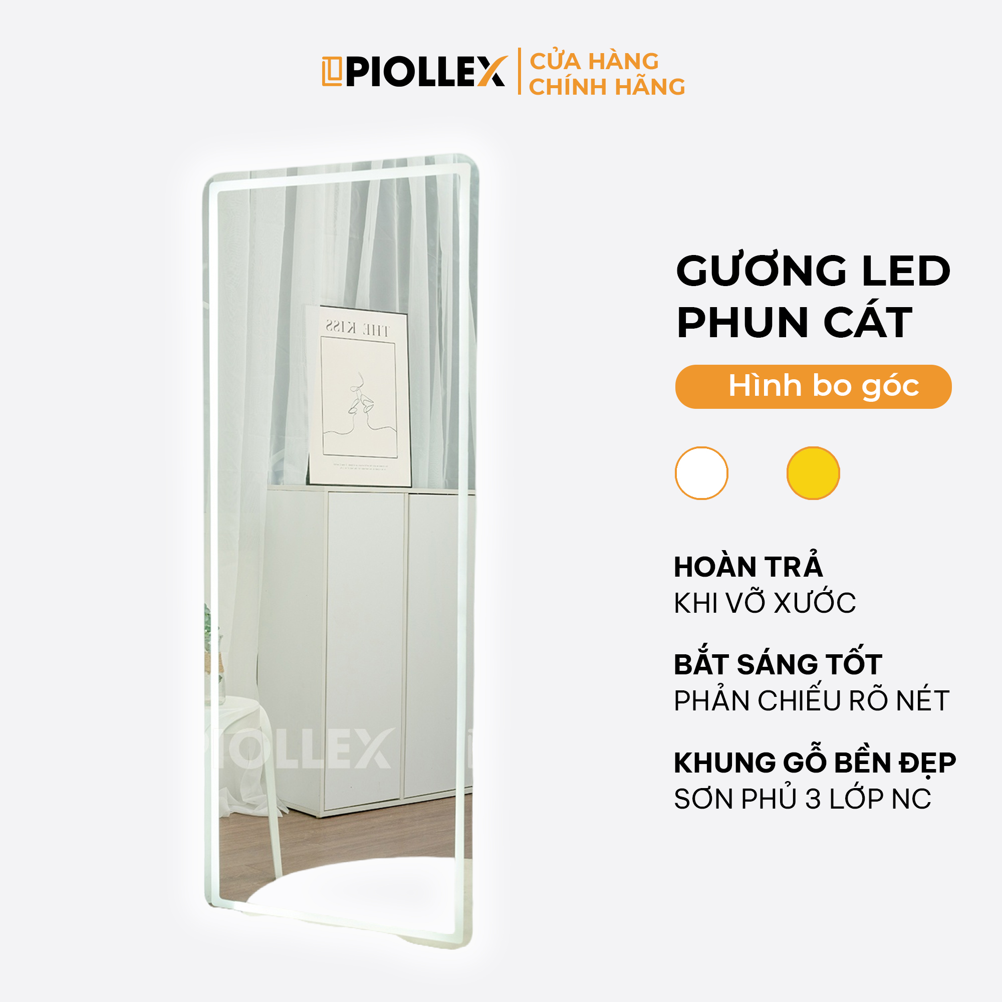Gương soi toàn thân có đèn led piollex phun cát bo góc