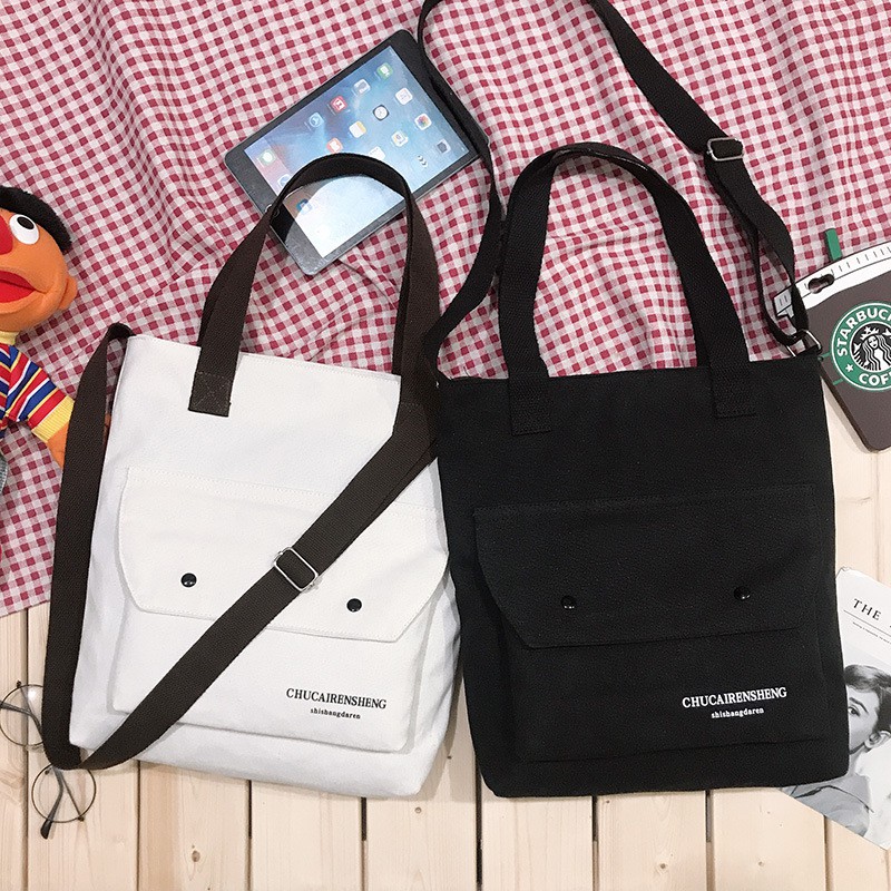 Túi tote vải canvas size a4 kèm dây đeo chéo loại khuy bấm pk 105