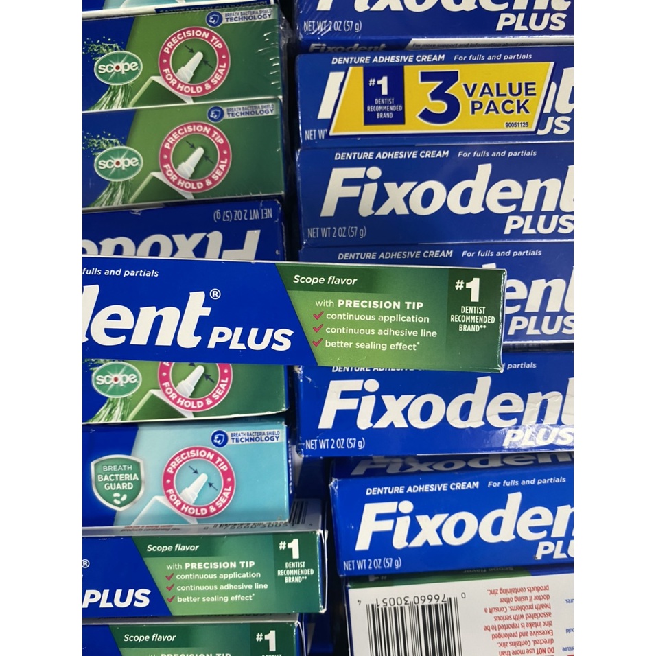 Keo dán hàm giả hàm răng giả hàm tháo lắp Fixodent Plus Scope 57g USA hương bạc hà dịu nhẹ thơm miệng