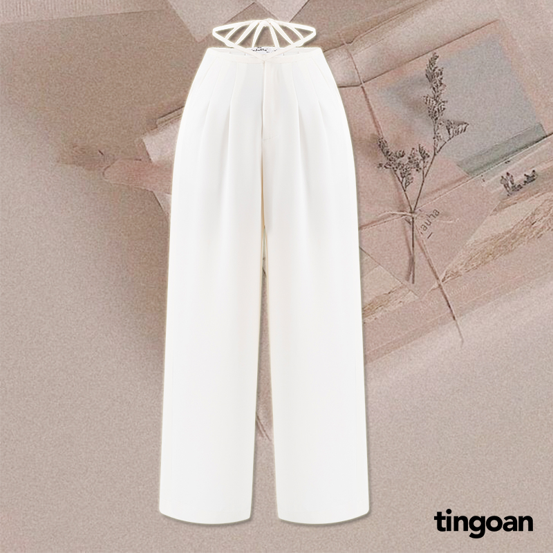 Quần dài ống chuông chiết ly eo buộc dây nơ trắng tingoan JANE CULLOTES/WH