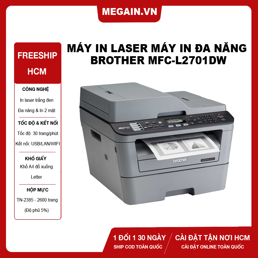Hcm trả góp 0% máy in laser trắng đen brother mfc-l2701dw in qua wifi đa chức năng in scan photo fax