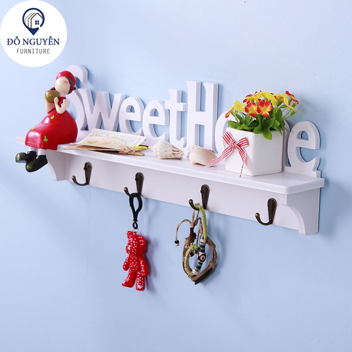 Kệ Trang Trí Treo Tường DNF SweetHome Bằng Gỗ Màu Trắng Có Móc Treo Đồ Đa Năng | Kệ Treo Tường Không Cần Khoan