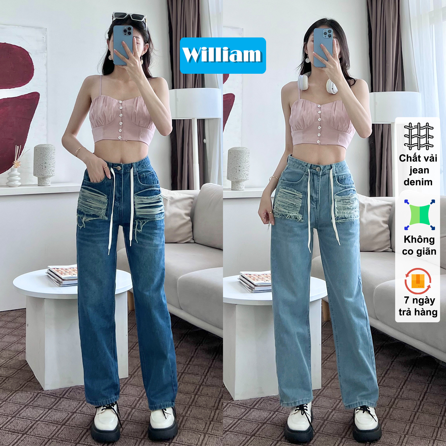 Quần jean baggy nữ túi rách độc lạ, thời trang William Store - AT264