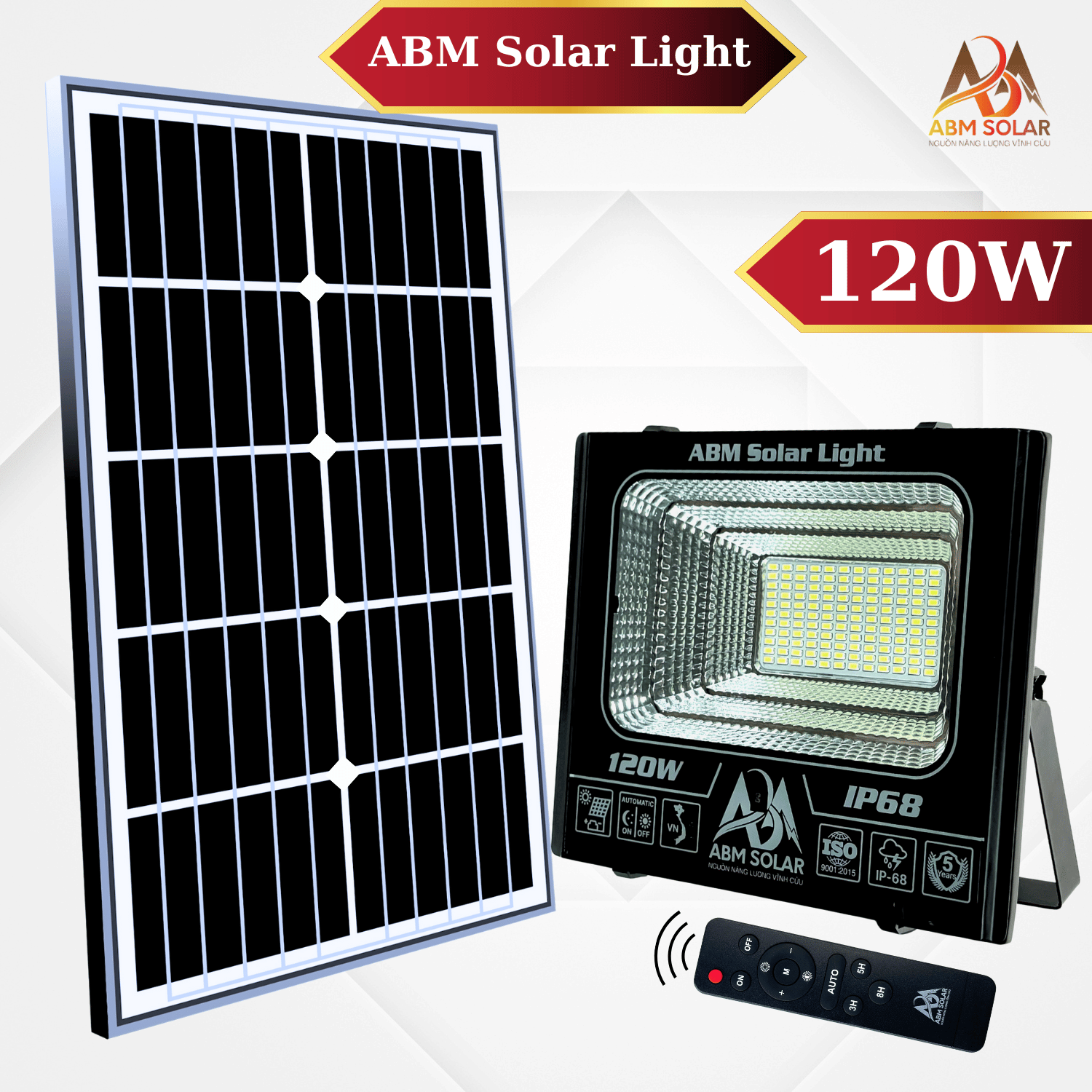 [120W] Đèn Năng Lượng Mặt Trời 120W, Đèn Pha LED, Tấm Pin Rời, Chống Nước , Kính Cường Lực, Nhôm Đúc Nguyên Khối ABM Solar