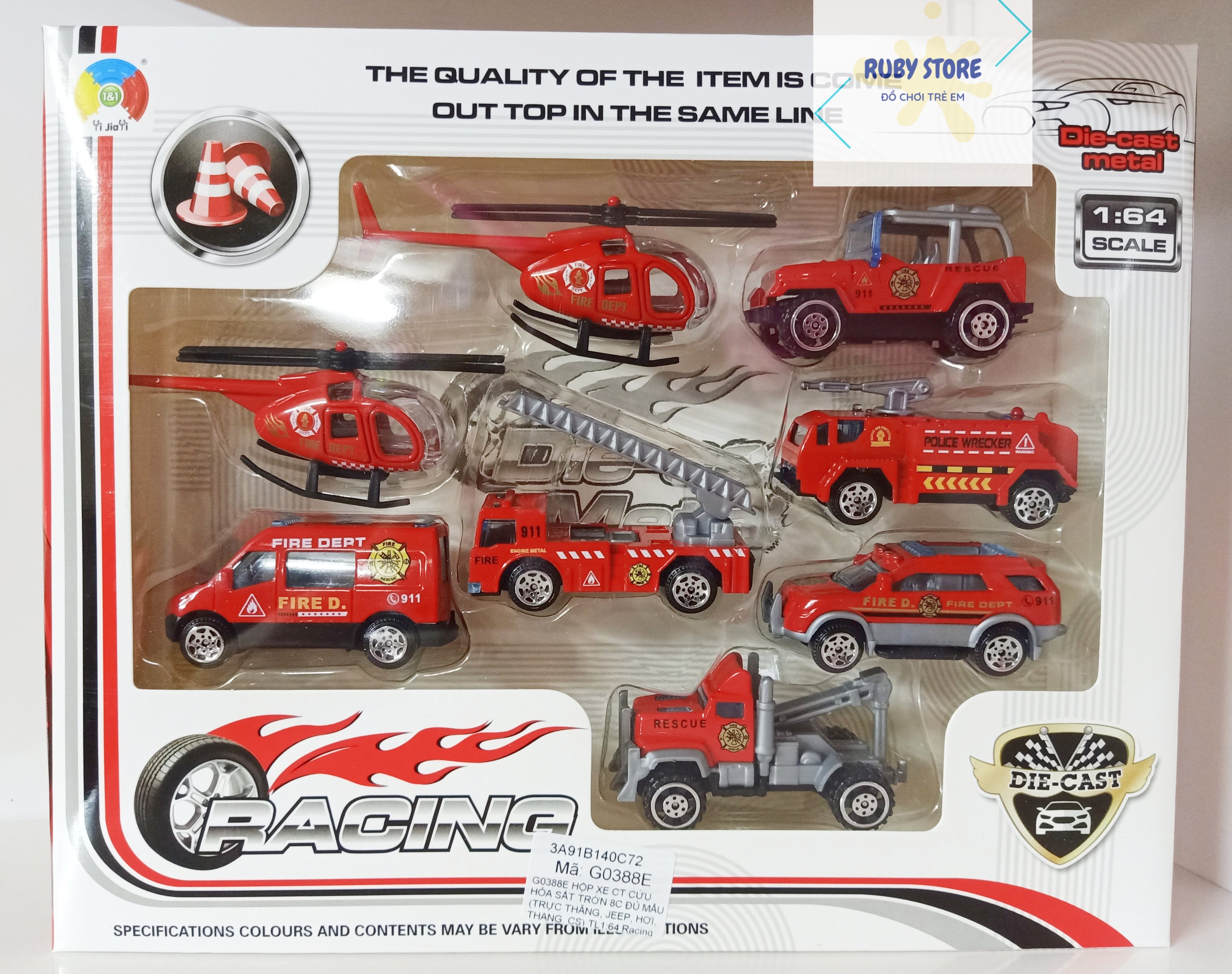Hộp 8 xe và máy bay cứu hỏa bằng sắt die-cast