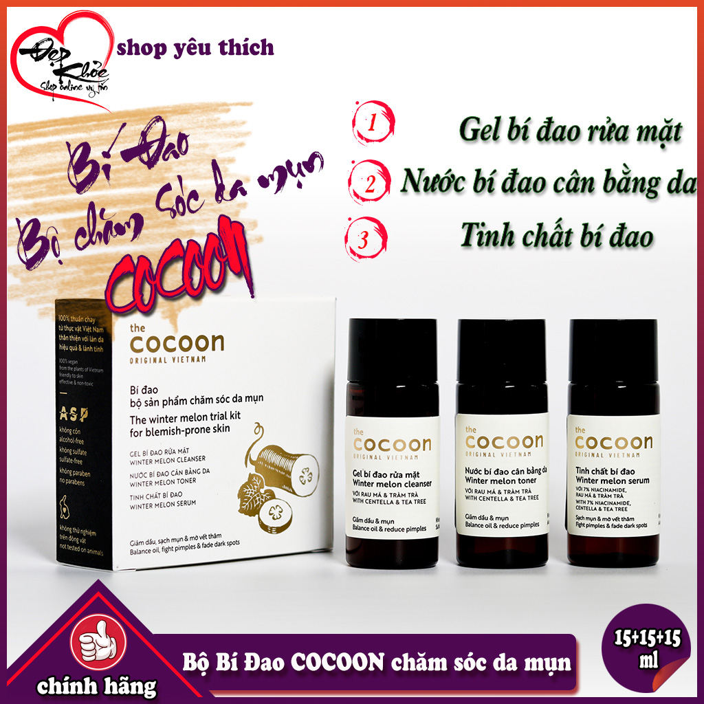 Bí Đao Bộ Chăm Sóc Da Mụn COCOON ( Gel Rửa Mặt 15ml + Toner 15ml + Serum 15ml )