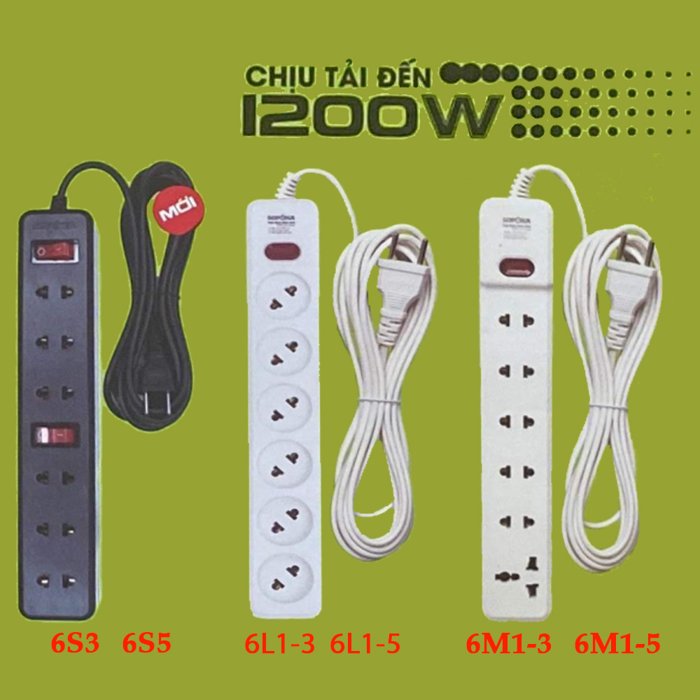 Ổ cắm 6 lỗ lõi sứ chống cháy 1200w nhiều mẫu sopoka - điện việt