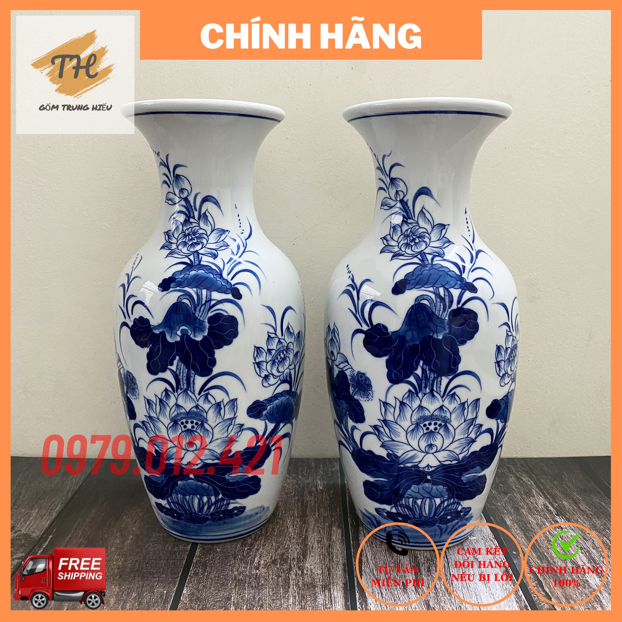 Freeship - đôi lộc bình bát tràng men lam vẽ tay cao cấp hoạ tiết sen - cao 35cm - gốm sứ bát tràng trung hiếu