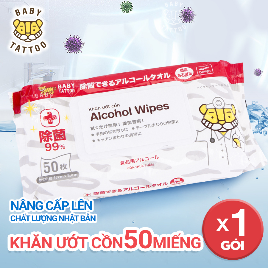 Khăn Ướt Cồn BABY TATTOO Khử Trùng Sát Khuẩn Cao Hiệu Quả 99%, Gói 50 miếng