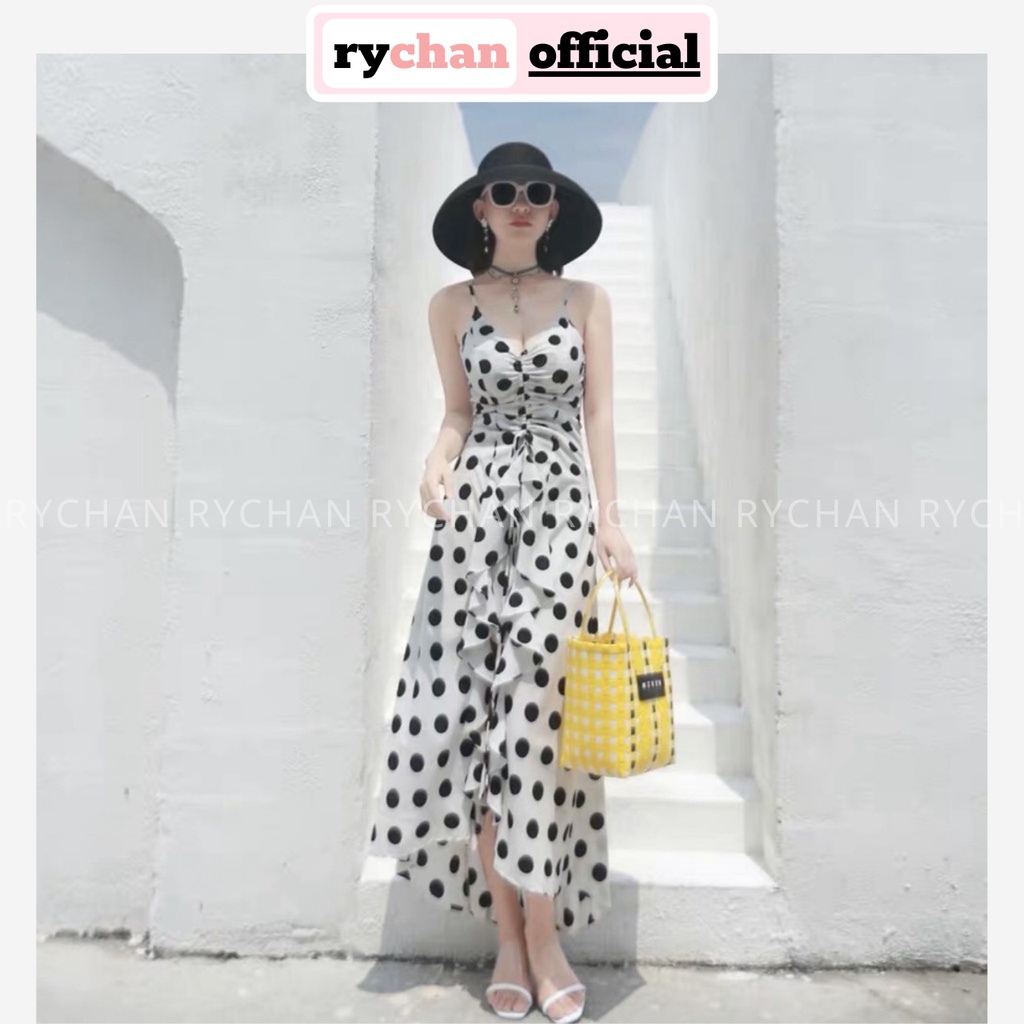 Đầm xòe đi biển maxi hai dây chấm bi rút ngực phối bèo sẵn mút ngực lót trong dày dặn - dm014