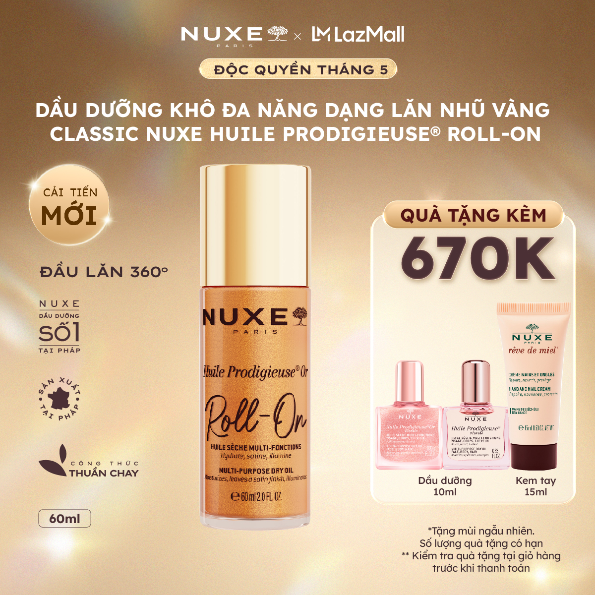 Dầu Khô Đa Năng Dạng Lăn Tiện Lợi Nuxe Huile Prodigieuse® Or ROLL-ON Multi-Purpose Dry Oil 60ML