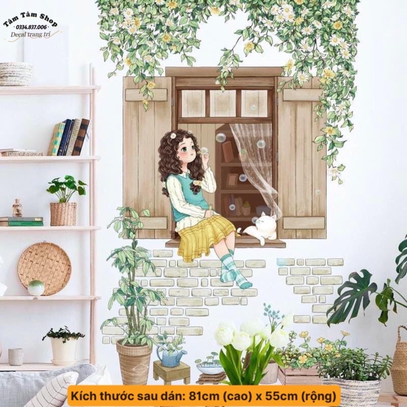 Decal dán tường cô gái bên cửa sổ phong cách Hàn Quốc.