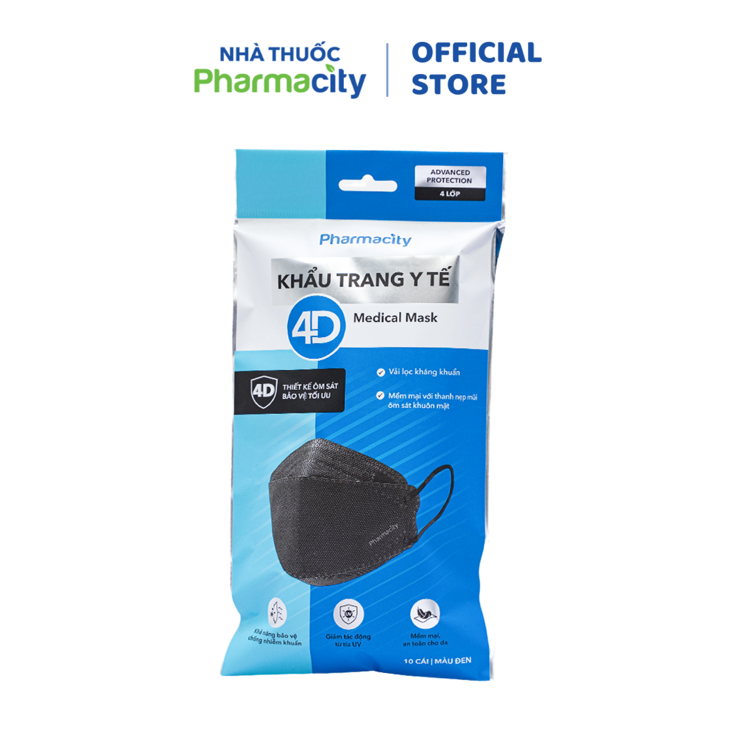 Khẩu trang y tế 4D Pharmacity (Gói 10 cái) màu đen - 4 lớp
