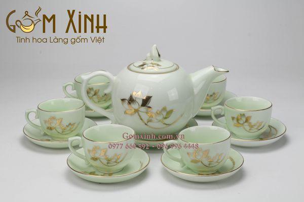 Bộ ấm trà Bát Tràng Chóp lửa men xanh ngọc sen vàng kim