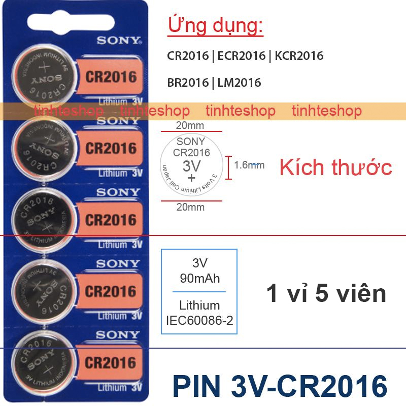 1 vỉ 5 viên - Pin CR2016 ECR2016 KCR2016 BR2016 LM2016 Lithium Sony Model No CR2016A 3V-90mA