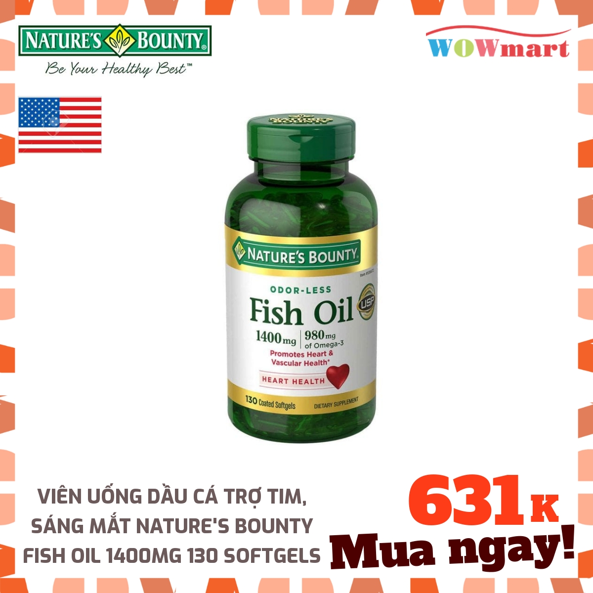 [HCM]Viên uống dầu cá trợ tim sáng mắt Natures Bounty Fish Oil 1400mg 130 Softgels - [MỸ]
