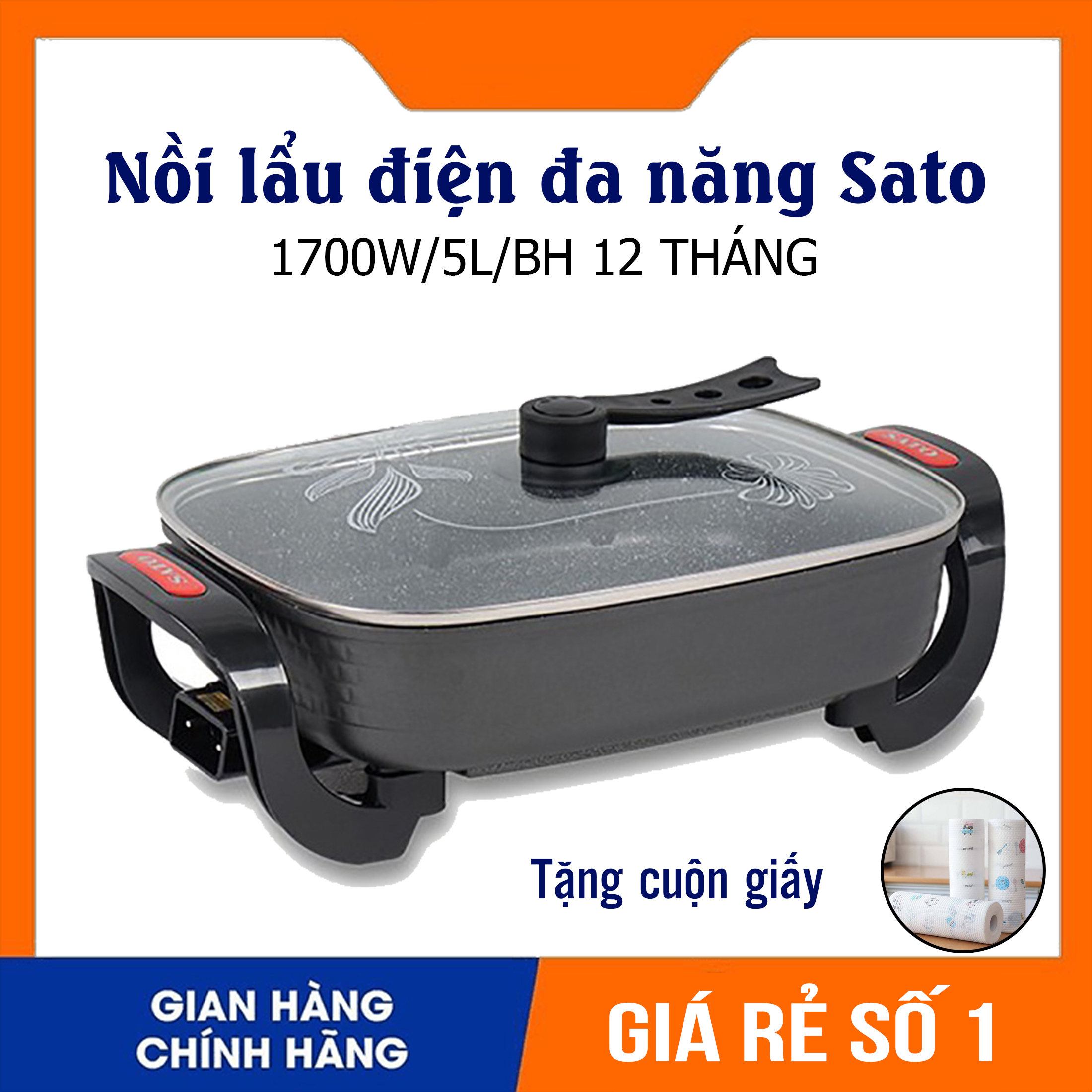 Nồi lẩu điện đa năng SATO 50NL51, Bếp lẩu đa năng dung tích 5L nấu canh, xào rán, Phù hợp cho 4 - 6 người, Hàng chính hãng bảo hành 12 tháng