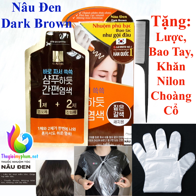[Tặng Lược]Hộp 3 Gói Nhuộm Tóc Thảo Dược Tự Nhiên Phủ Bạc Elastine Hàn Quốc Màu Nâu Đen