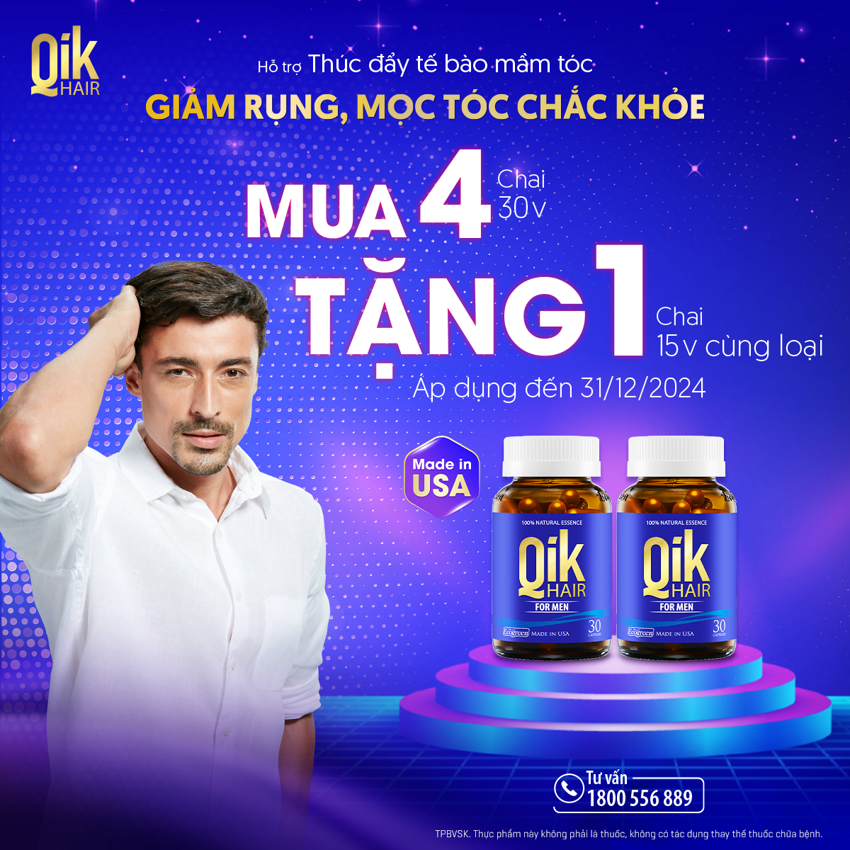 QIK HAIR giảm rụng, mọc tóc với Cynatine®, Eurycoma Longifolia, Ginkgo Biloba Leaf Powder, Saw Palmetto - Hàng chính hãng