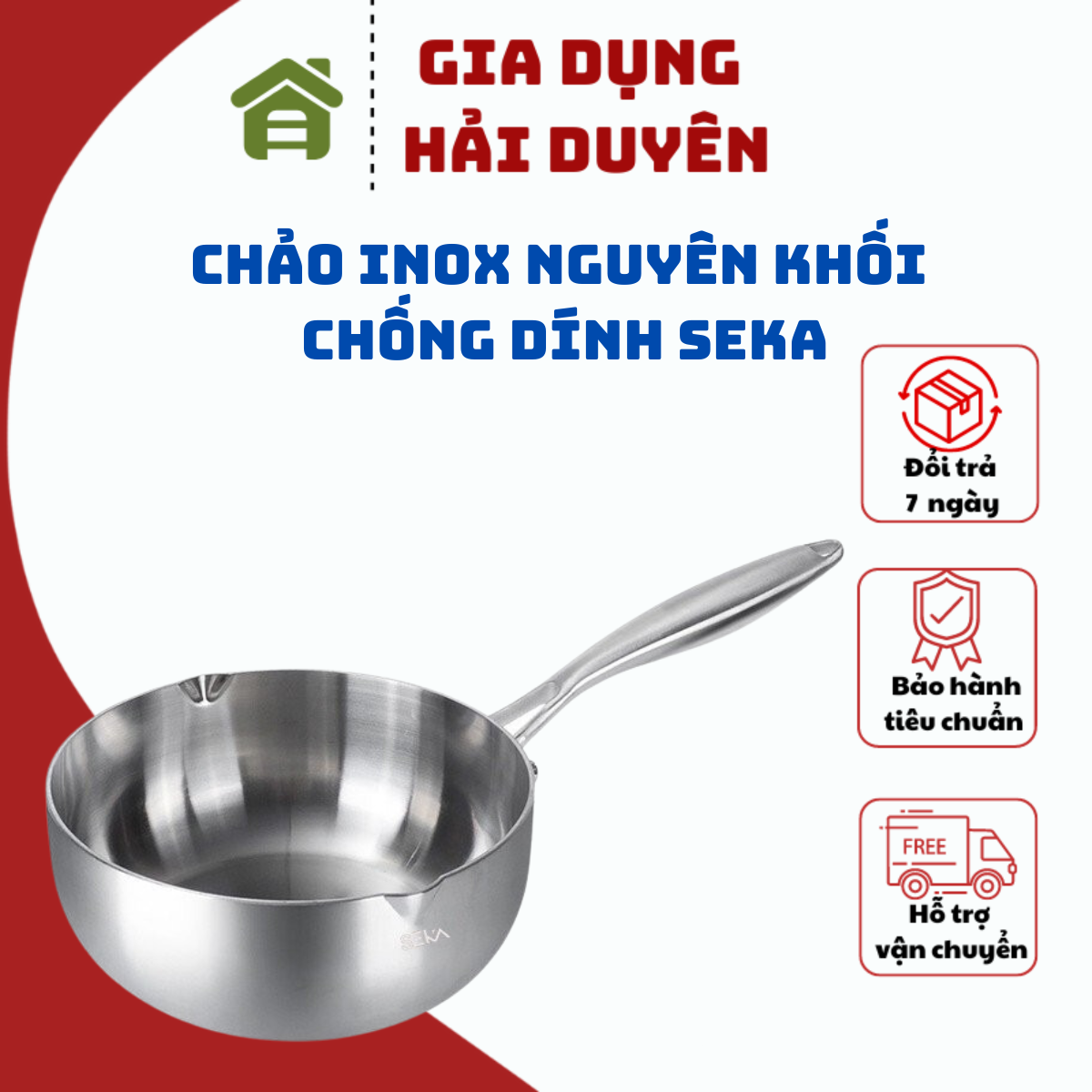 Chảo inox đúc nguyên khối SEKA đúc 5 lớp dày dặn dùng cho mọi loại bếp tặng vỉ gác chảo đủ size 22-2