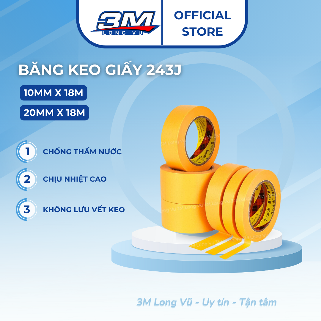 Băng Keo Giấy 1 Mặt 3M 243 J Plus Masking Tape Che Sơn Cao Cấp Hoặc Dán Tape Mod Bàn Phím - Không để lại vết keo - 3M Long Vu