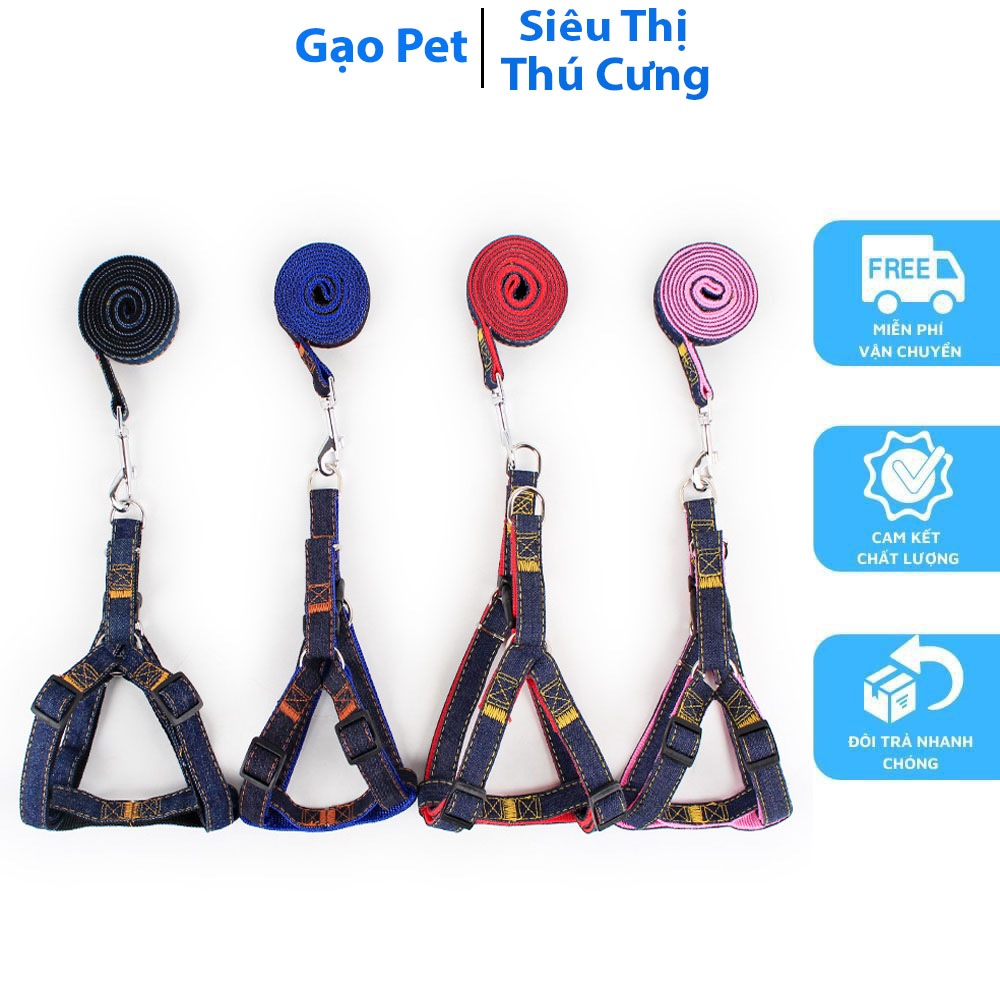 [Hoàn Tiền 10%] Dây dắt kèm đai yếm chó mèo thú cưng bằng vải bò 2 lớp