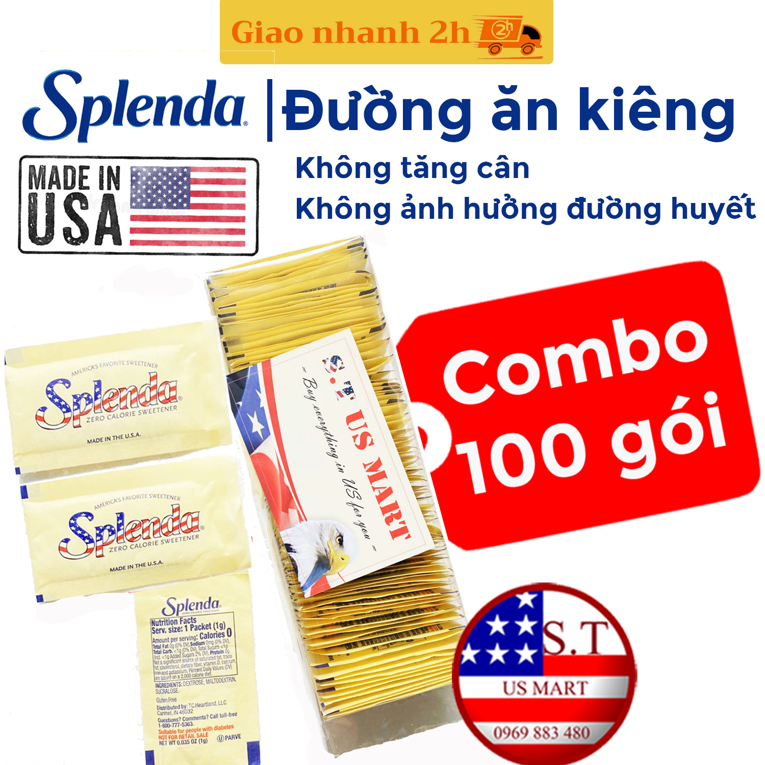 Đường ăn kiêng Splenda hộp 100 gói cho người tiểu đường ăn kiêng DAS Keto