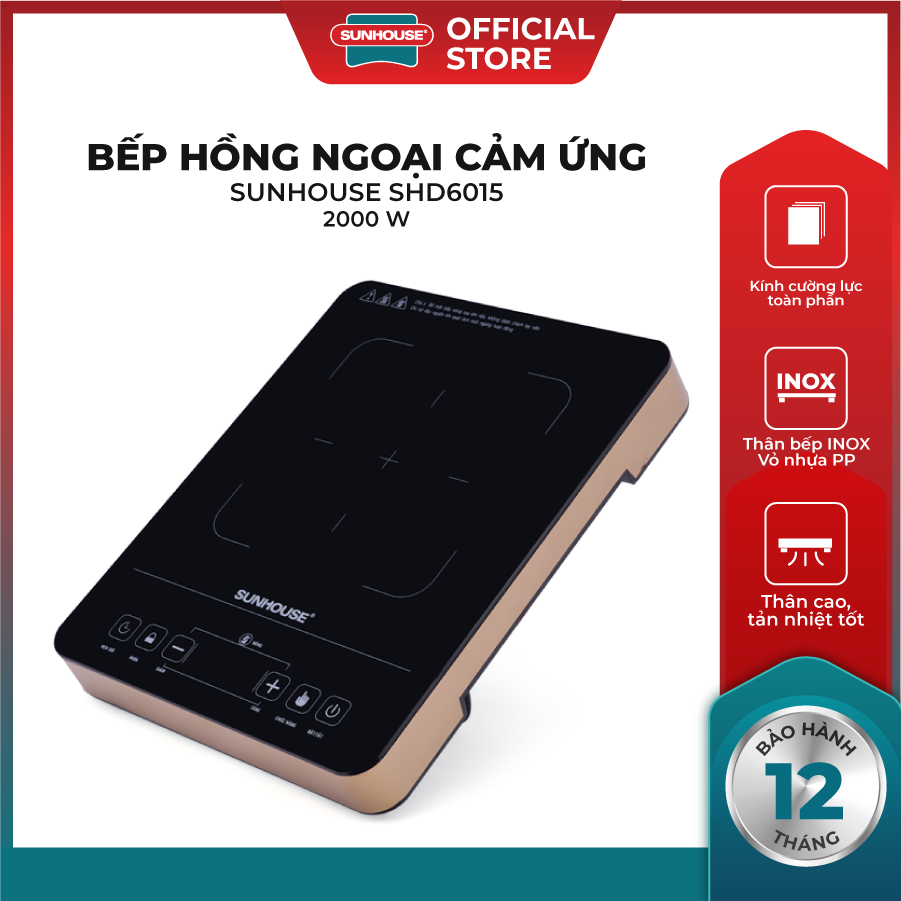 Bếp Hồng Ngoại Cảm Ứng SUNHOUSE SHD6015 - Công Suất 2000W - Kính Cường Lực Toàn Phần - Thân Bếp Inox - Vỏ Nhựa PP - Thân Cao - Tản Nhiệt Tốt - Hàng Chính Hãng