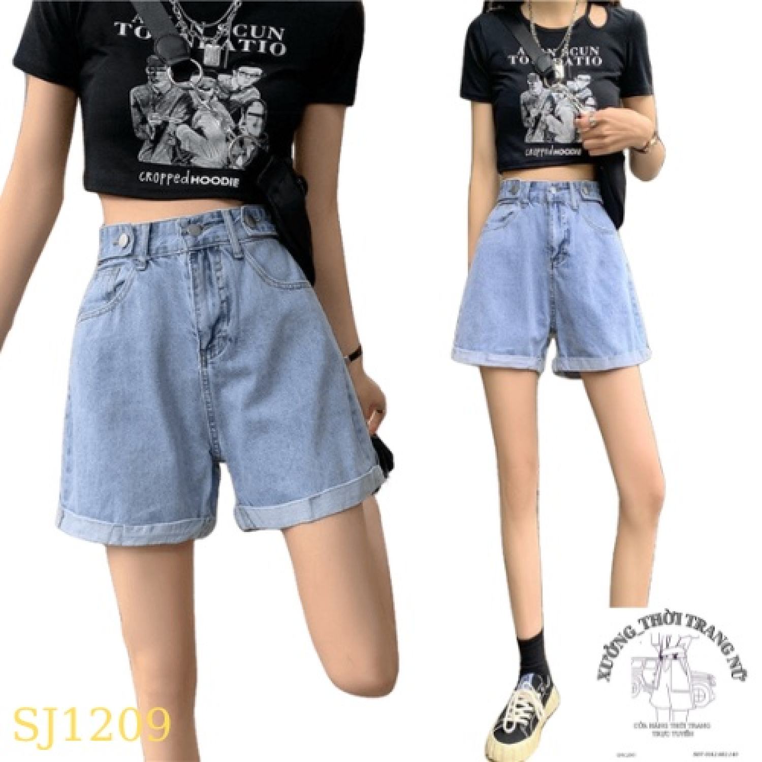 Quần short jean lưng cao ống rộng,quần jean ngố 2 nút chỉnh eo hot trend