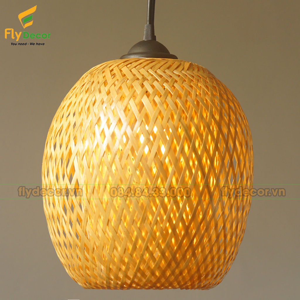 Chao đèn mây tre thả trần trang trí 2 lớp hình quả nhót - Flydecor RO25S