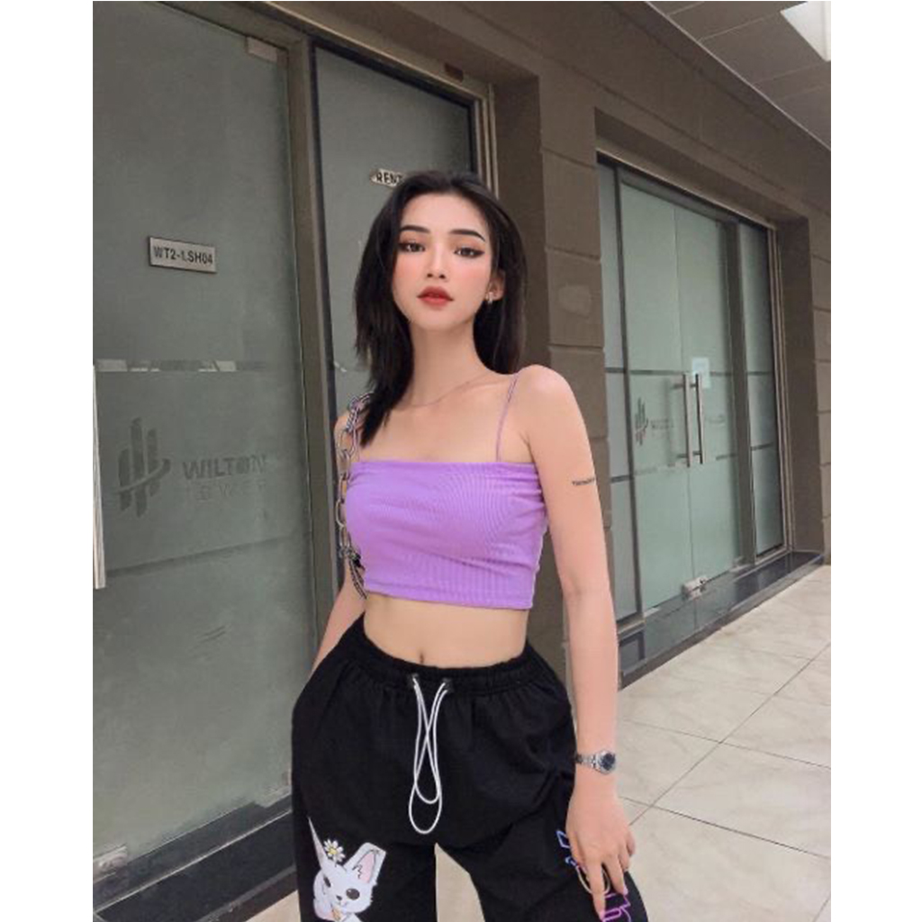 Áo hai dây áo hai dây sợi bún croptop chất bo gân màu tím / đen / trắng