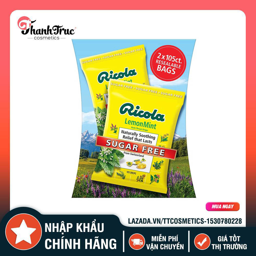 Kẹo ngậm trị ho không đường ricola sugar free lemon mint drops 210 viên mỹ
