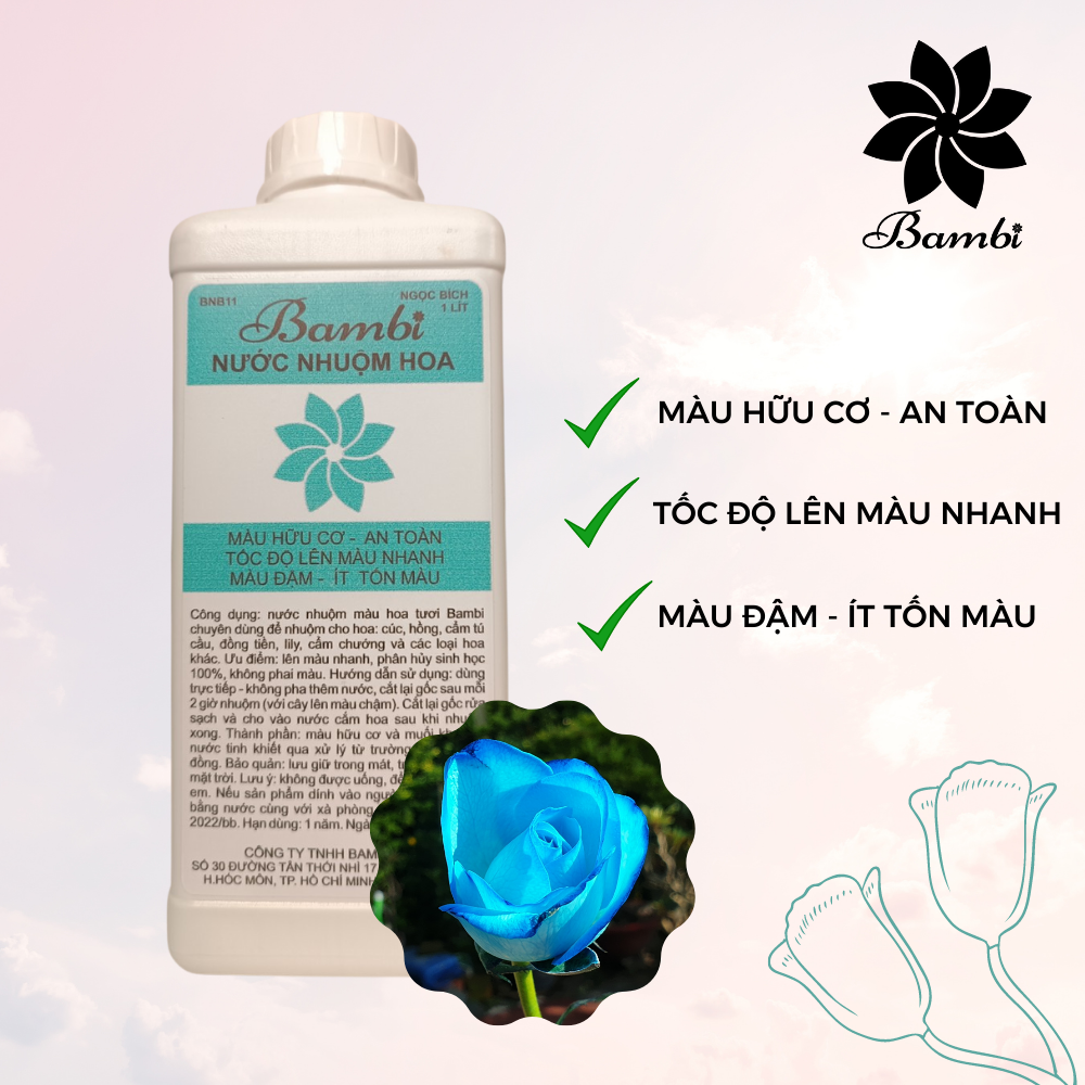 Nước nhuộm màu hoa tươi hữu cơ Bambi 1 lít Màu Xanh Ngọc