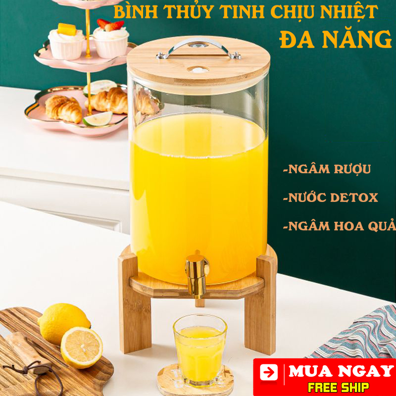 [TẶNG KỆ GỖ] Bình thủy tinh chịu nhiệt cao cấp - Bình ngâm rượu - Ngâm hoa quả - Detox - Bình Đựng Nước