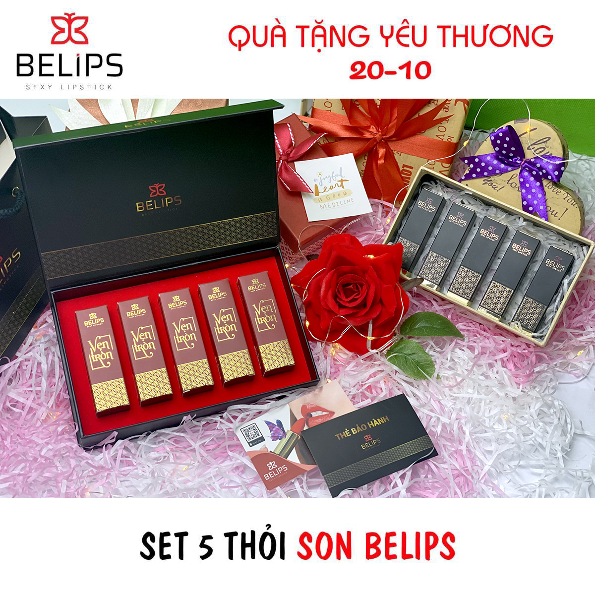 Set Son Belips 5 Thỏi - Bộ Quà Tặng Yêu Thương - Son Môi 100% Thành Phần Tự Nhiên, Không Chứa Chì, Bà Bầu Cũng Dùng Được - BELIPS