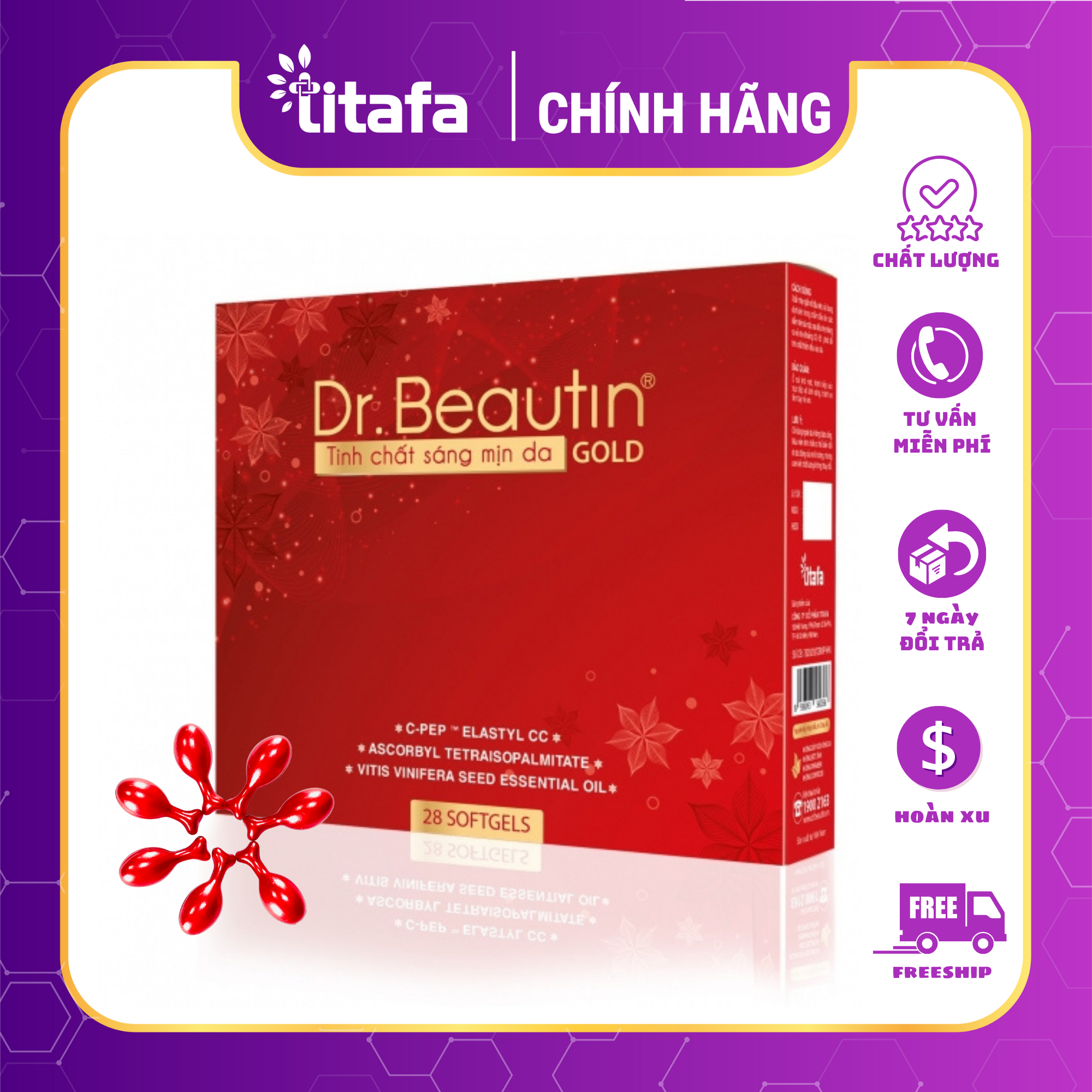 Viên bôi dưỡng da dr.beautin tinh chất sáng mịn da gold hộp 28 viên - trắng da, mờ nám, giảm thâm.