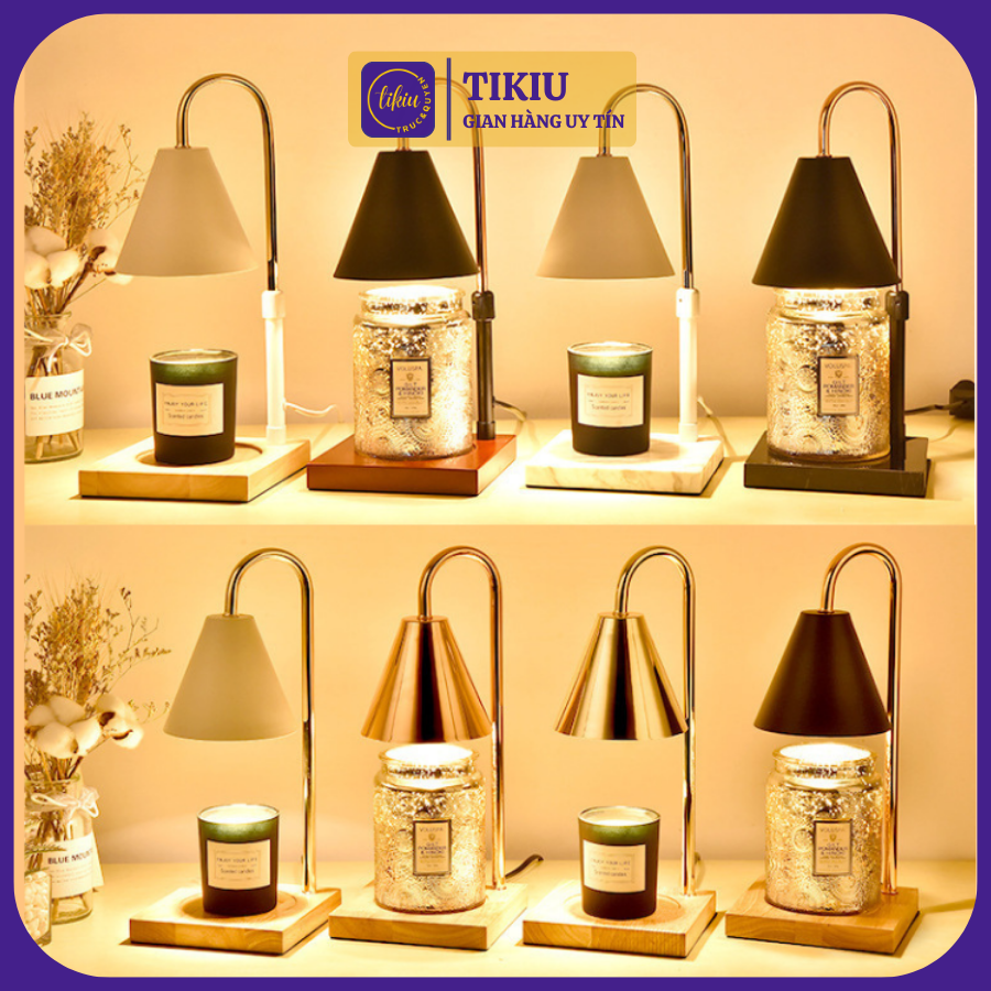 Đèn đốt nến thơm tikiu chụp nón kim loại đế gỗ để bàn phụ kiện trang trí nến thơm yankee, bath & body works 2022