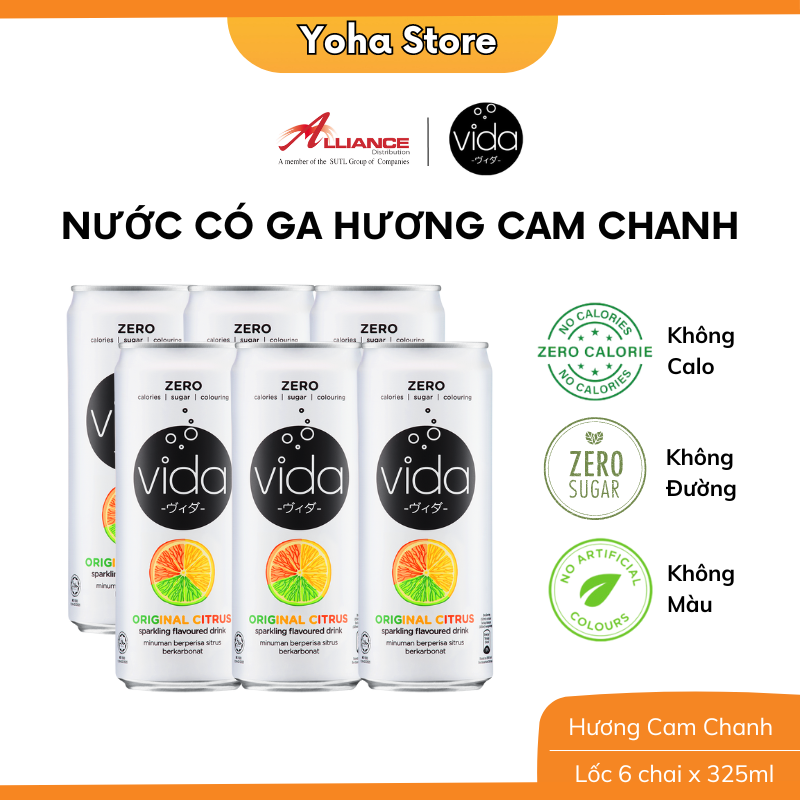 [Lốc 6 Lon] Nước Ngọt Có Ga Không Calo Vida, Hương Cam Chanh, Táo, Vải Muối, Nhập Khẩu Malaysia - 6 Lon x 325ml