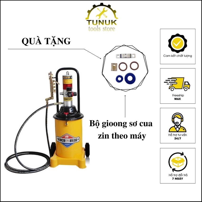 Máy bơm mỡ bò bằng khí nén TUNUK , bơm mỡ hơi kuco gz-8 , dung tích 12 lít, tặng bộ gioong zin sơ cua 50k