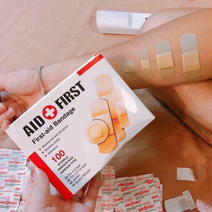 Hộp 100 miếng băng keo cá nhân dán vết thương Urgo AID FIRST đủ size, băng dán vết thương tiện dụng