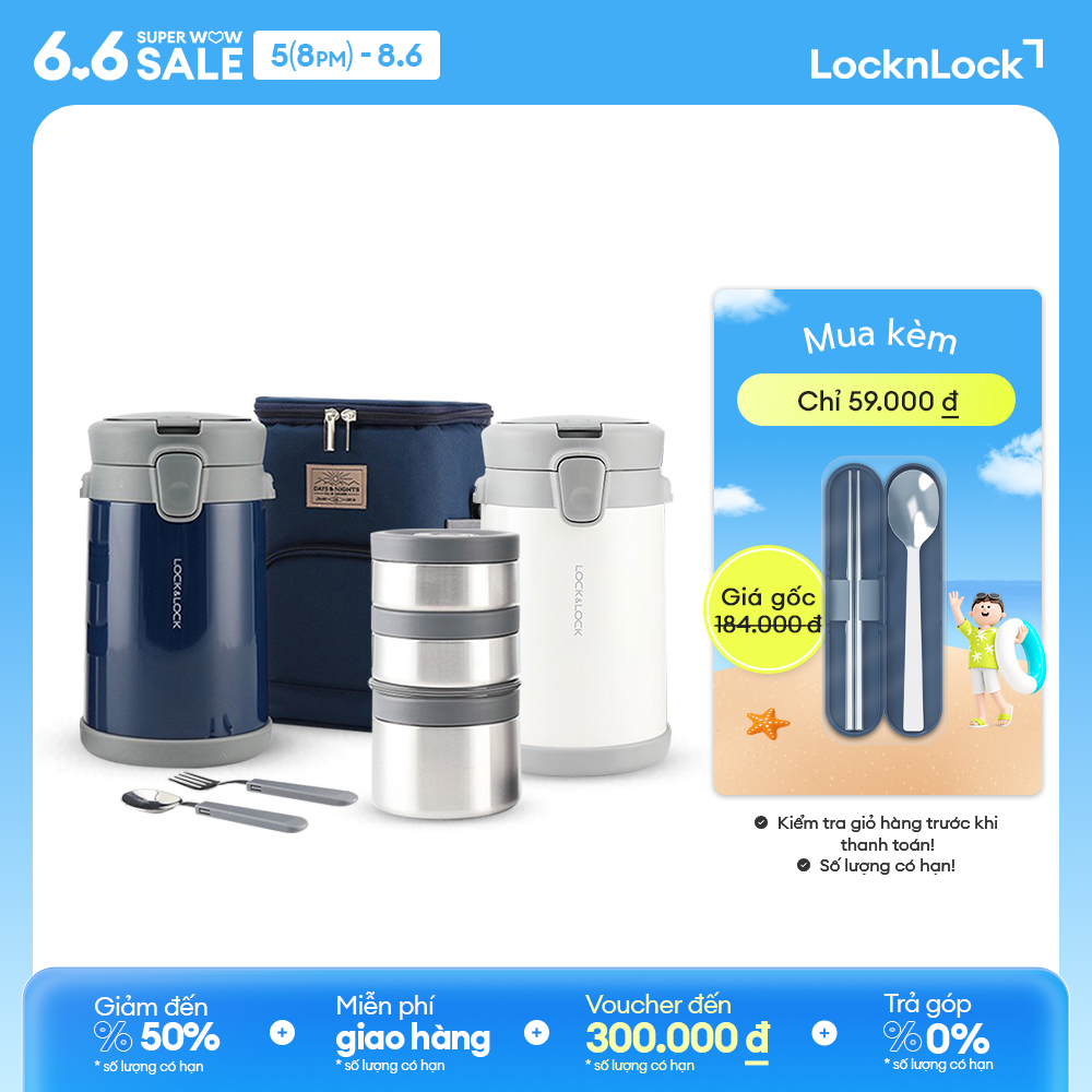 Bộ hộp cơm giữ nhiệt LockLock Easy Carry - LHC8039 - kèm bộ muỗng nĩa và túi đựng. Gồm 1 hộp 720ml+ 2 hộp 420ml - Hàng chính hãng