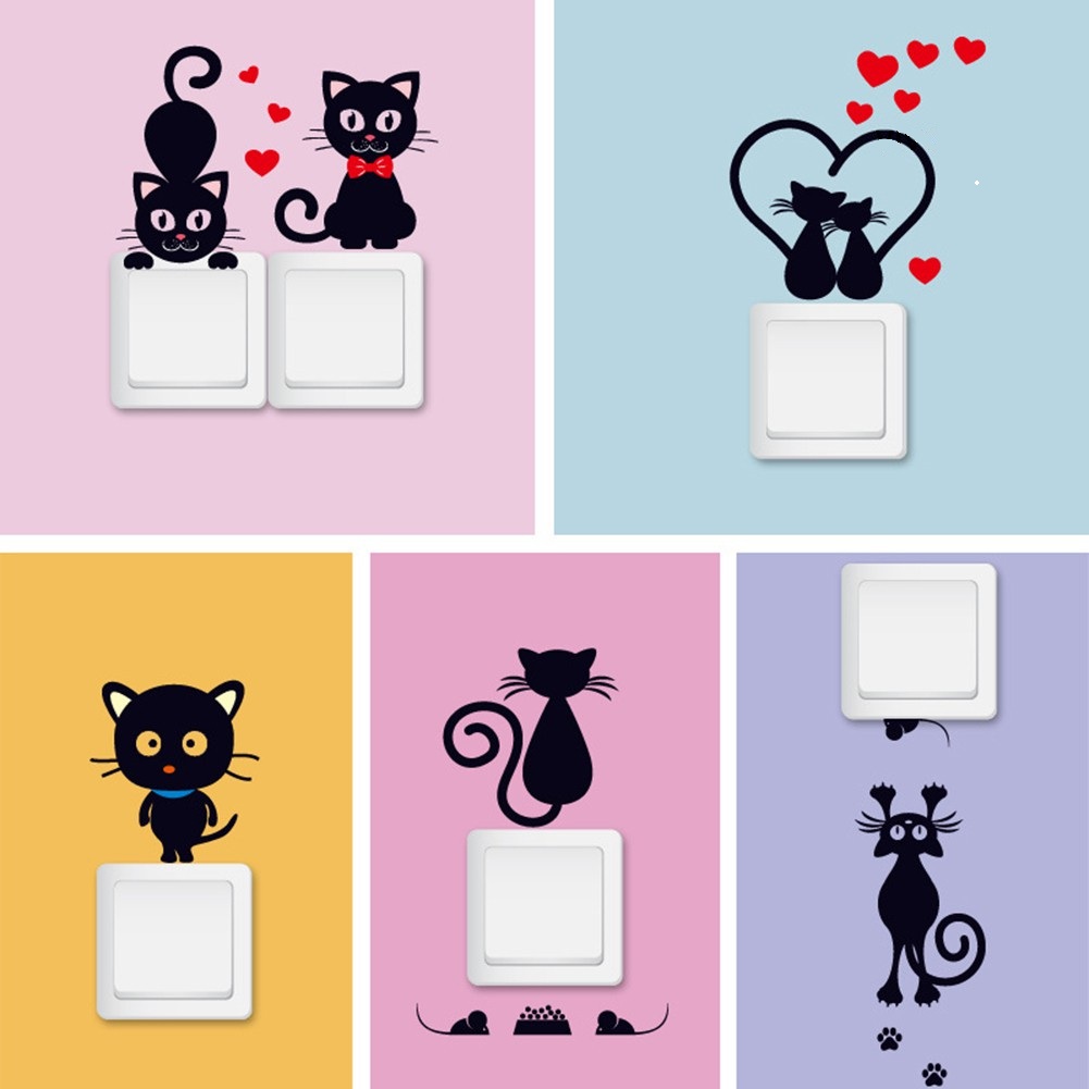[HCM]Combo 5 miếng sticker decal dán tường trang trí công tắc - Mèo Đen dễ thương ngộ nghĩnh
