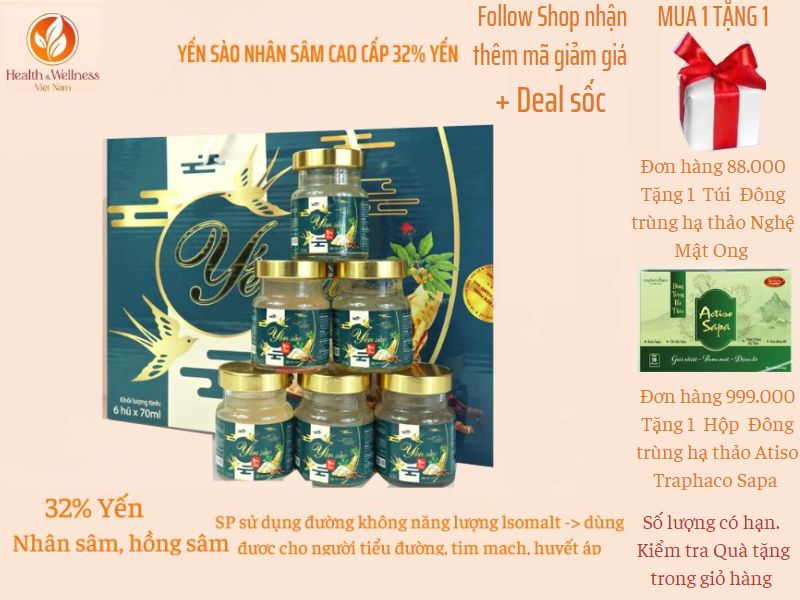 Yến Sào Nhân Sâm Cao Cấp 32% Yến Bổ sung Nhân sâm, hồng sâm, đông trùng hạ thảo, Canxi gluconat,sụn vi cá mập, collagen