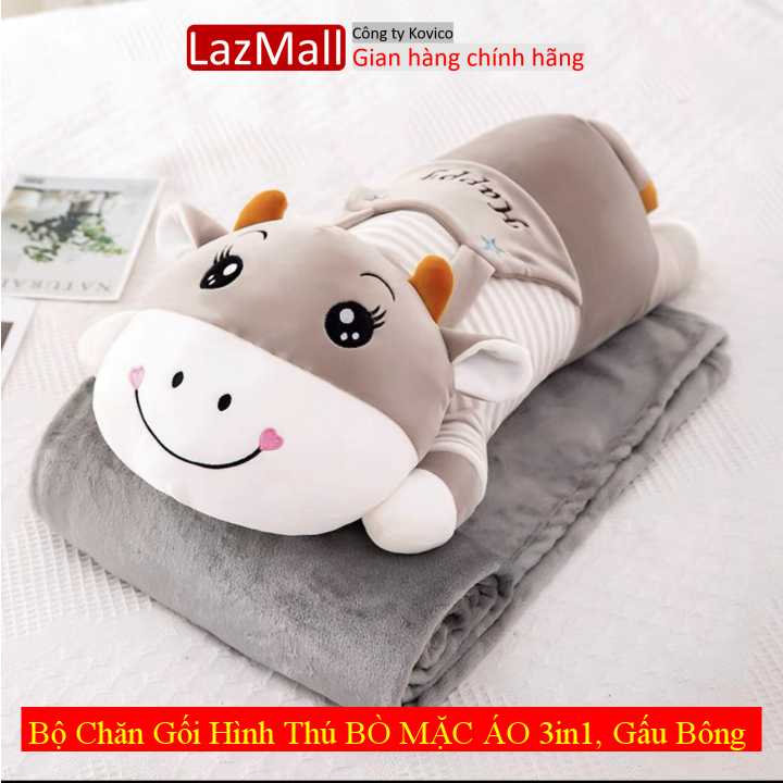Bộ chăn gối hình thú bò mặc áo 3in1, gấu bông kèm chăn , gối ngủ trưa văn phòng hình thú, chăn gối văn phòng siêu dễ thương