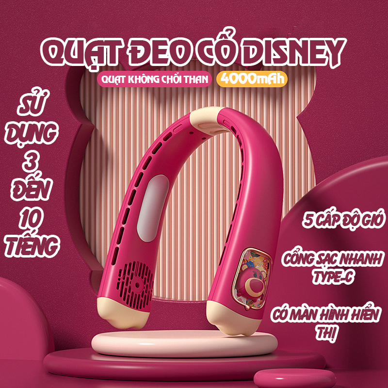 Quạt đeo cổ siêu mát không cánh Disney - Quạt đeo cổ Gấu Dâu dung lượng pin lớn 4000mAhm, Quạt đeo cổ không cánh 5 cấp độ gió chạy êm và mát
