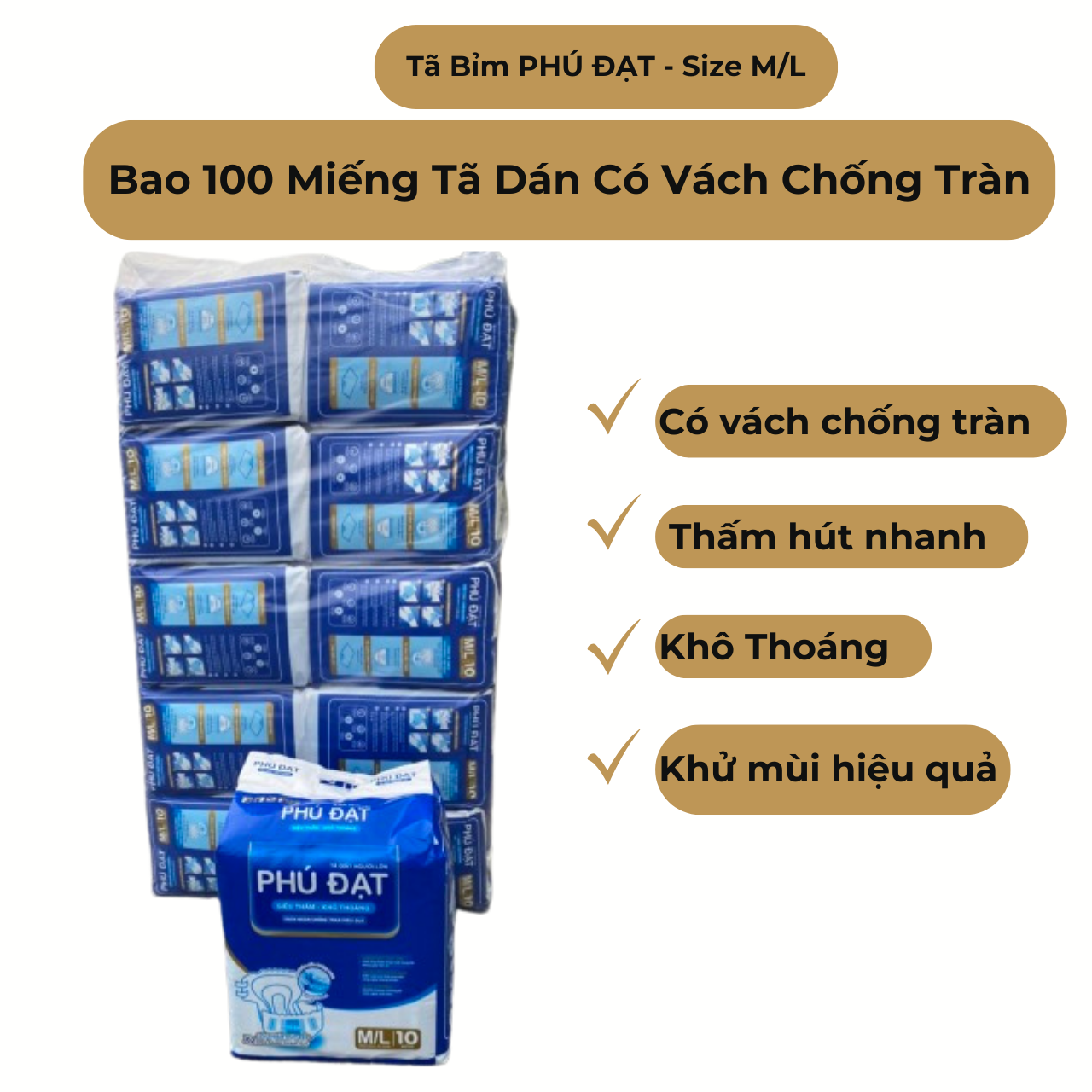 Tã Dán - Bỉm Dán Trần Người Già Có Vách Chống Tràn Phú Đạt Bao 100 miếng